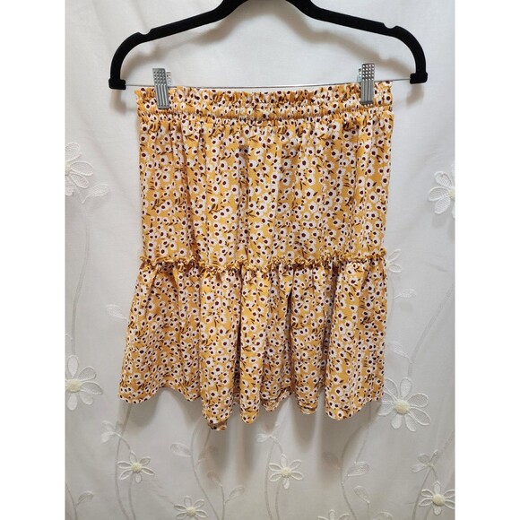 Womens Medium Yellow Mini Skirt Floral Tierd Ruffle Crinkle Smocked Cottage - Picture 9 of 15